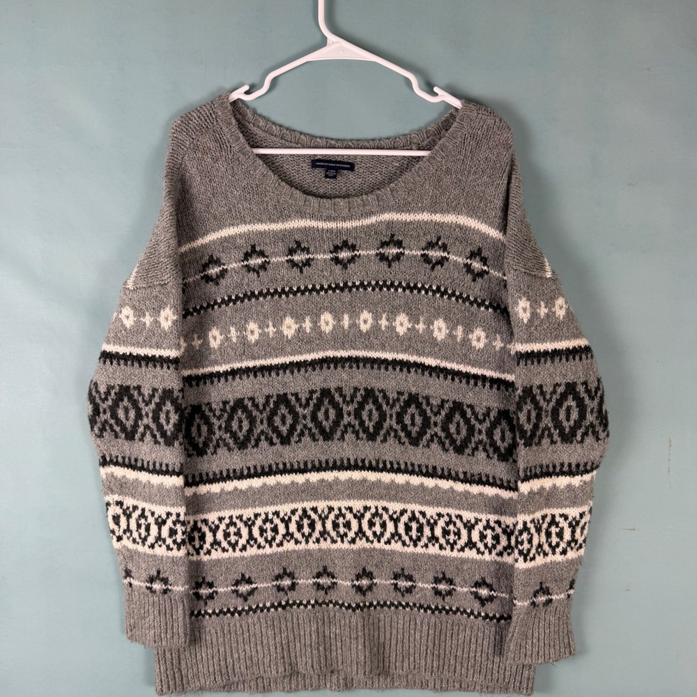 American Eagle Outfitters Womens L Gray Fair Isle Nordic Scoop Neck Knit Sweater